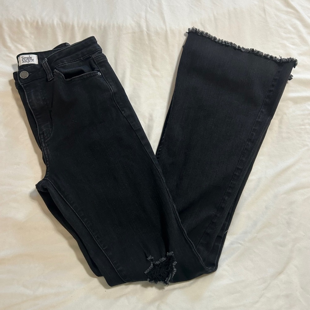 Simple Society Black Distressed Flare Jeans High Rise Frayed Hem Size 5/27